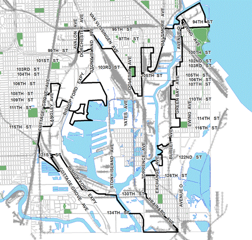 Lake Calumet Industrial TIF district, roughly bounded on the north by 90th Street, Brainard Avenue and 136th Street on the south (City Limits), Avenue N and Ewing Avenue on the east, and Cottage Grove Avenue on the west.